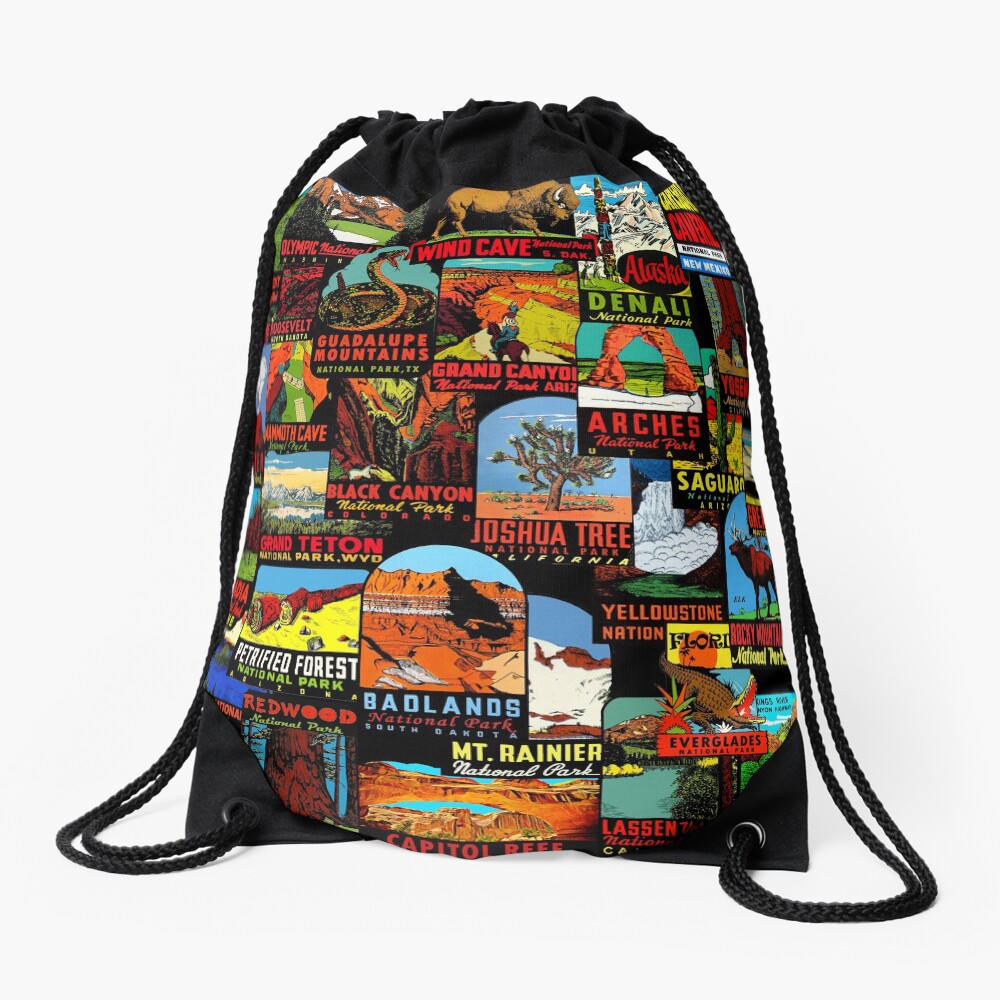 American National Parks Vintage Travel Decal Bomb Drawstring Bag