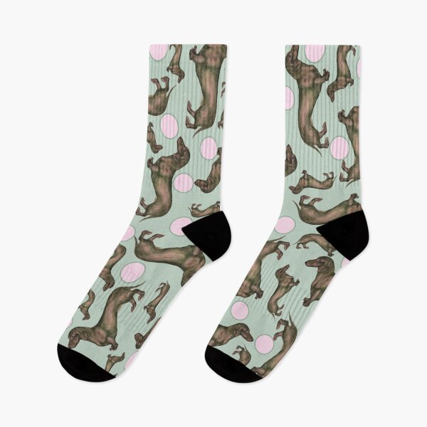 Item preview, Dachshund pattern with green background and pink dots | watercolor artwork designed and sold by Musiccityartfix.