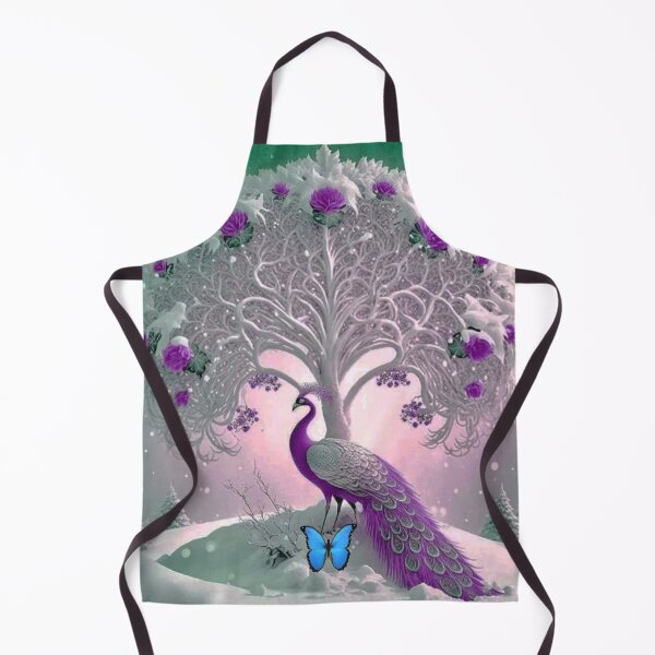 Item preview, id27 amazing winter, beautiful white tree with beautiful white and purple flowers, beautiful peacock with purple feathers, purple roses, butterfly, green background, winter and snow covered pine trees designed and sold by bcbutika.