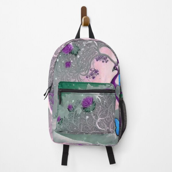 Item preview, id27 amazing winter, beautiful white tree with beautiful white and purple flowers, beautiful peacock with purple feathers, purple roses, butterfly, green background, winter and snow covered pine trees designed and sold by bcbutika.