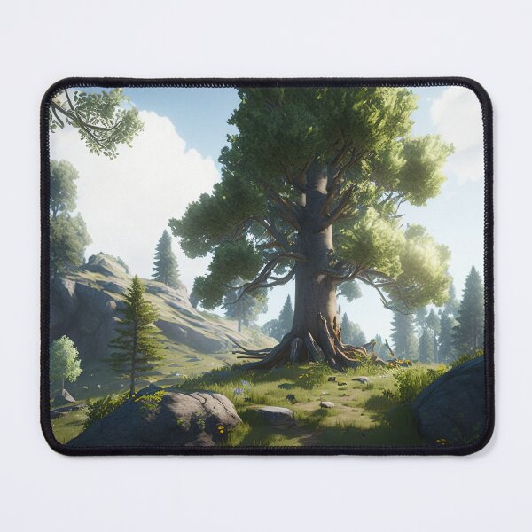 Item preview, A dense forest with ancient oak and fir trees that loom to great heights. A clearing covered in tall golden grass on an island. designed and sold by DSAHART.