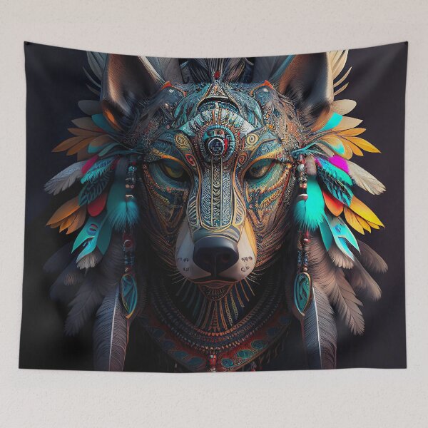 Artikelvorschau, Schamanisches Wolf Totem mit farbigen Federn entworfen und verkauft von IA-Art-Design.