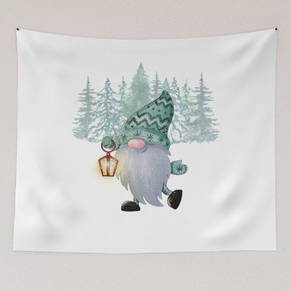 Item preview, Cute Funny Winter Gnome in Snowy Woods with White Beard, Blue Peaked Cap and Lantern Design designed and sold by Lost-World-Shop.