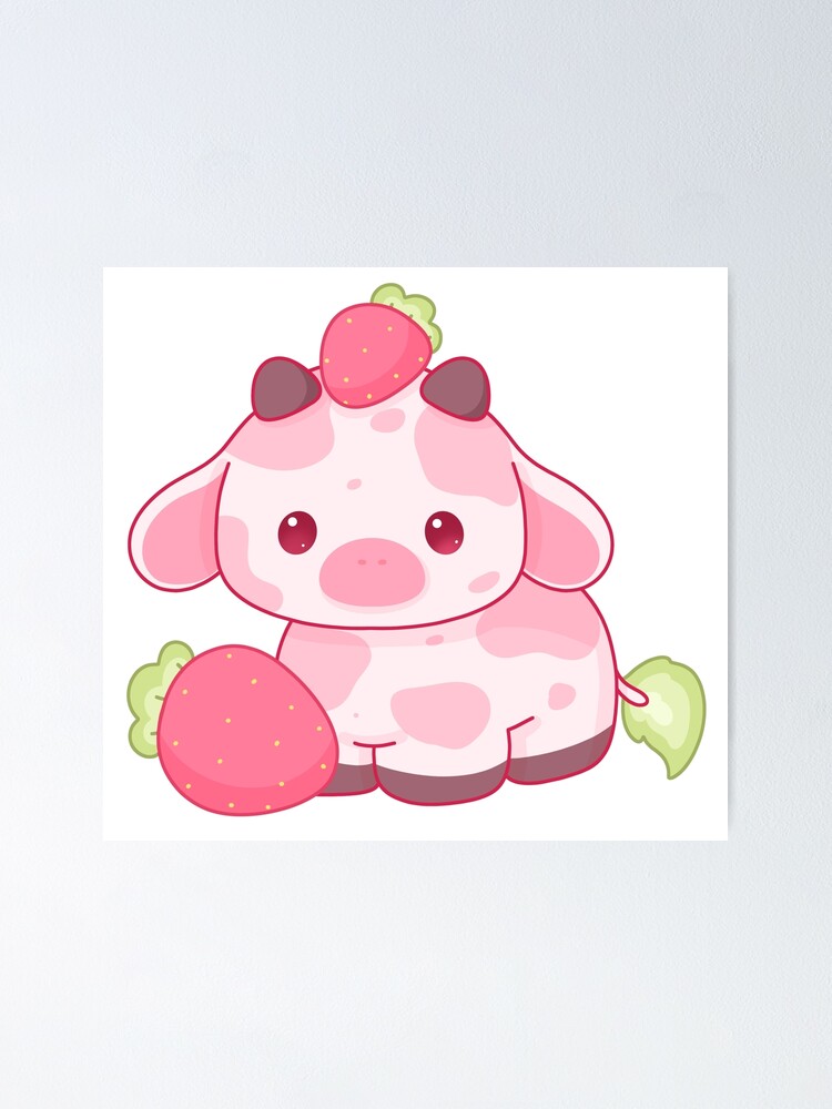Cute Strawberry Cow Print Kawaii Aesthetic Pattern Poster