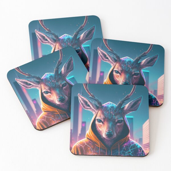 Cute retrowave deer wearing a hoodie Coasters (Set of 4)