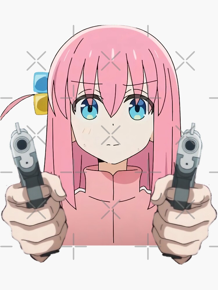 Aperçu 3 sur 3. Sticker avec l'œuvre Bocchi avec un pistolet - Bocchi le rocher créée et vendue par Neelam789.