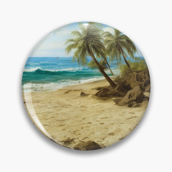 Item preview, Landscape illustration of a vibrantly colored and brightly lit beach adorned with craggy rocks and palm trees. A deep blue ocean populates the horizon while waves gently wash ashore. Digital painting designed and sold by Bookwyrm-Bazaar.