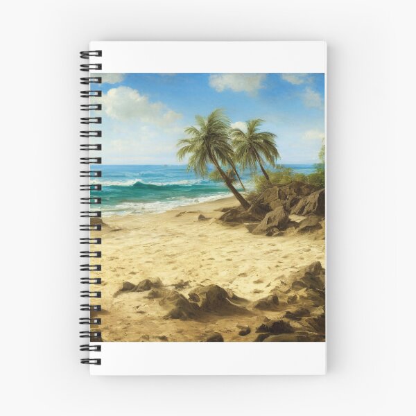 Item preview, Landscape illustration of a vibrantly colored and brightly lit beach adorned with craggy rocks and palm trees. A deep blue ocean populates the horizon while waves gently wash ashore. Digital painting designed and sold by Bookwyrm-Bazaar.