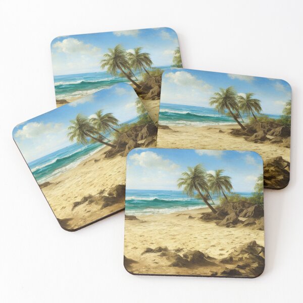 Item preview, Landscape illustration of a vibrantly colored and brightly lit beach adorned with craggy rocks and palm trees. A deep blue ocean populates the horizon while waves gently wash ashore. Digital painting designed and sold by Bookwyrm-Bazaar.