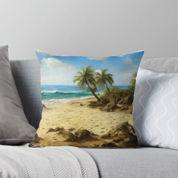 Item preview, Landscape illustration of a vibrantly colored and brightly lit beach adorned with craggy rocks and palm trees. A deep blue ocean populates the horizon while waves gently wash ashore. Digital painting designed and sold by Bookwyrm-Bazaar.