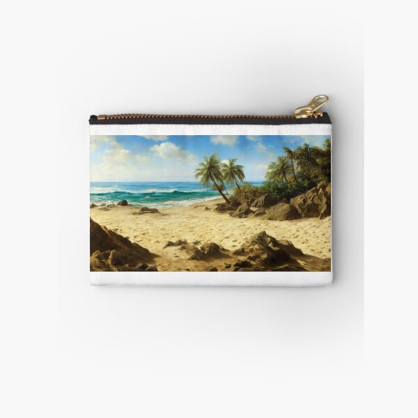 Item preview, Landscape illustration of a vibrantly colored and brightly lit beach adorned with craggy rocks and palm trees. A deep blue ocean populates the horizon while waves gently wash ashore. Digital painting designed and sold by Bookwyrm-Bazaar.