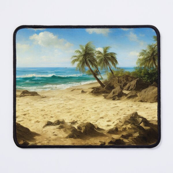 Item preview, Landscape illustration of a vibrantly colored and brightly lit beach adorned with craggy rocks and palm trees. A deep blue ocean populates the horizon while waves gently wash ashore. Digital painting designed and sold by Bookwyrm-Bazaar.
