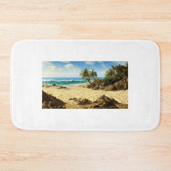 Item preview, Landscape illustration of a vibrantly colored and brightly lit beach adorned with craggy rocks and palm trees. A deep blue ocean populates the horizon while waves gently wash ashore. Digital painting designed and sold by Bookwyrm-Bazaar.