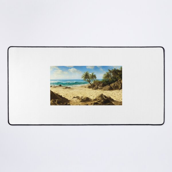 Item preview, Landscape illustration of a vibrantly colored and brightly lit beach adorned with craggy rocks and palm trees. A deep blue ocean populates the horizon while waves gently wash ashore. Digital painting designed and sold by Bookwyrm-Bazaar.