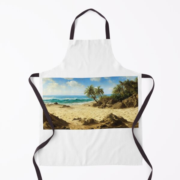 Item preview, Landscape illustration of a vibrantly colored and brightly lit beach adorned with craggy rocks and palm trees. A deep blue ocean populates the horizon while waves gently wash ashore. Digital painting designed and sold by Bookwyrm-Bazaar.