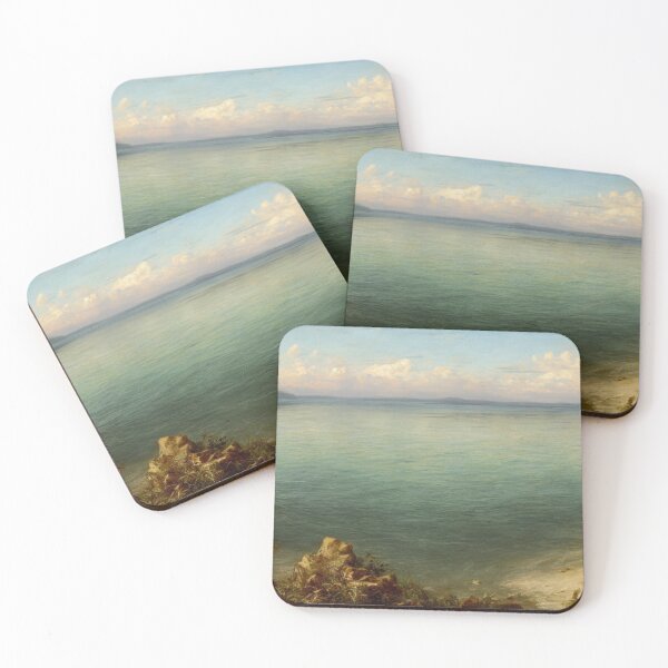 Item preview, Seascape of a serene lake. The viewer stands at the end of a craggy, sandy beach adorned with trees. Minor islands populate the horizon under a cloudy sky. Digital painting.	 designed and sold by Bookwyrm-Bazaar.