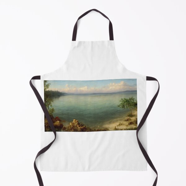 Item preview, Seascape of a serene lake. The viewer stands at the end of a craggy, sandy beach adorned with trees. Minor islands populate the horizon under a cloudy sky. Digital painting. designed and sold by Bookwyrm-Bazaar.