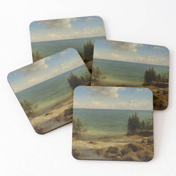 Item preview, Seascape of a serene lake. The viewer stands at the end of a craggy, sandy beach adorned with trees. Minor islands populate the horizon under a cloudy sky. Digital painting.	 designed and sold by Bookwyrm-Bazaar.