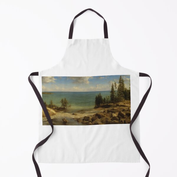 Item preview, Seascape of a serene lake. The viewer stands at the end of a craggy, sandy beach adorned with trees. Minor islands populate the horizon under a cloudy sky. Digital painting. designed and sold by Bookwyrm-Bazaar.