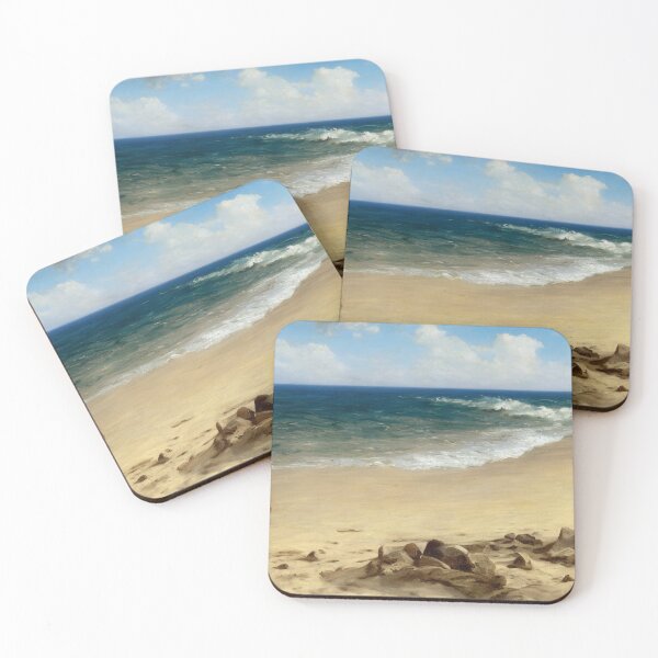 Item preview, Landscape illustration of a rocky beach coastline. Ocean waves crash onto the shoreline as the sandy beach glows under the sun. Digital art.	 designed and sold by Bookwyrm-Bazaar.