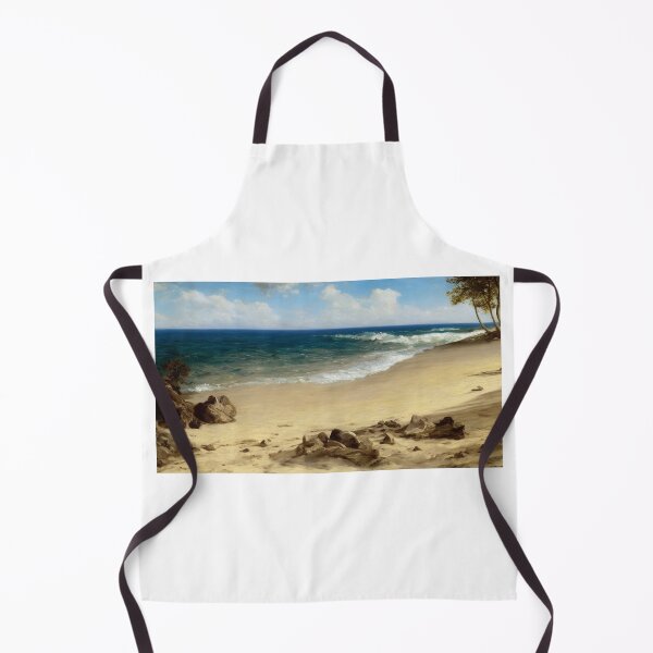 Item preview, Landscape illustration of a rocky beach coastline. Ocean waves crash onto the shoreline as the sandy beach glows under the sun. Digital art. designed and sold by Bookwyrm-Bazaar.
