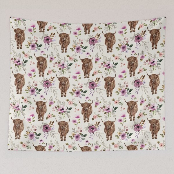 Item preview, Boho Highland Cow Purple Floral, Watercolor Floral, Highland Cow Decor designed and sold by cateandrainn.