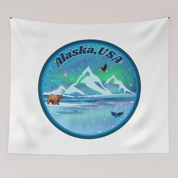 Item preview, Alaska USA Northern Lights scene - Bear Whale Bald Eagle Mountains designed and sold by Chantockey.
