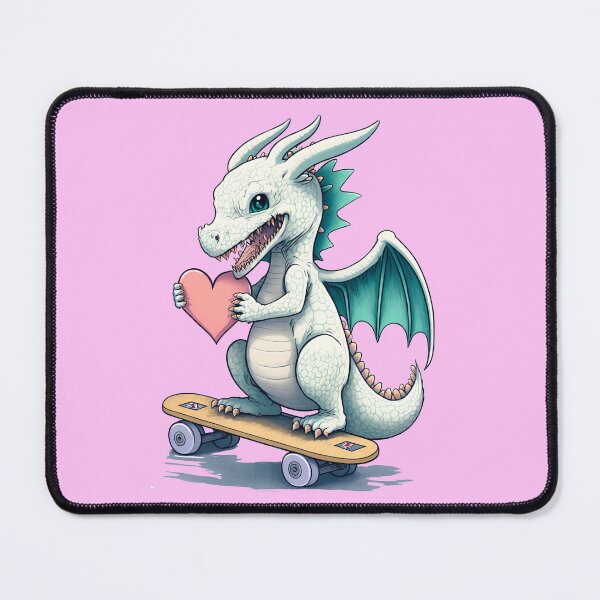 Aperçu de l'œuvre Dragon heureux sur une planche à roulettes tenant le coeur créée et vendue par WaveDance.