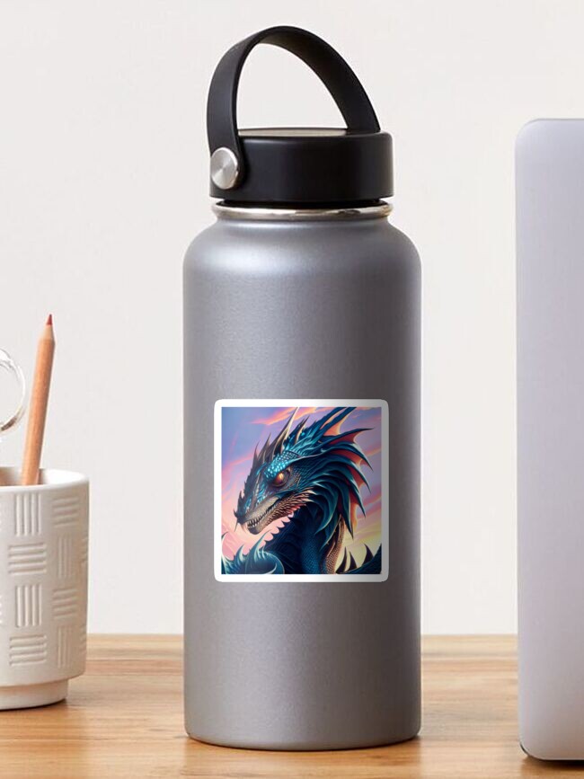 Thumbnail 1 of 3, Sticker, Intricate Blue Scaled Dragon at Sunrise designed and sold by dragynrain.