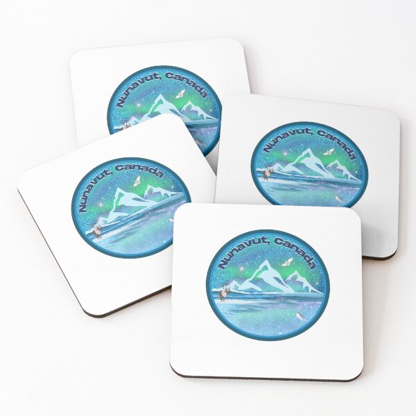 Item preview, Nunavut Canada Northern Lights (Aurora Borealis) scene - Caribou Narwhal Snowy Owl Mountains designed and sold by Chantockey.