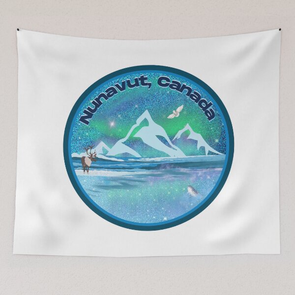 Item preview, Nunavut Canada Northern Lights (Aurora Borealis) scene - Caribou Narwhal Snowy Owl Mountains designed and sold by Chantockey.