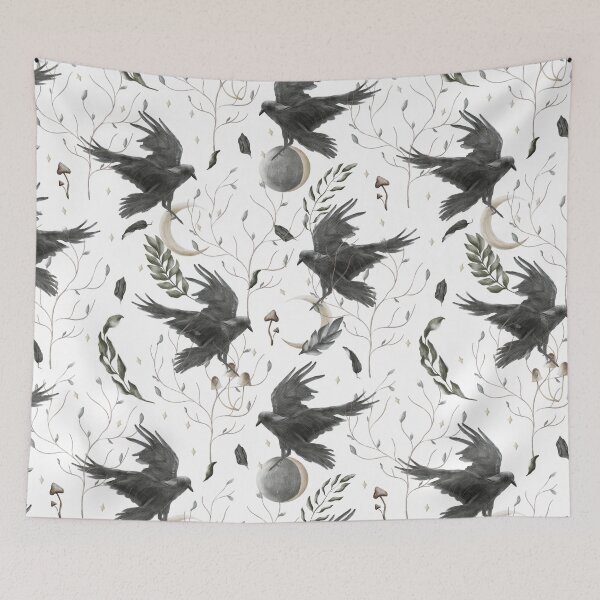 Item preview, Black Raven, Moon and Wild Forest Plants Witchcraft Pattern designed and sold by silviaol.