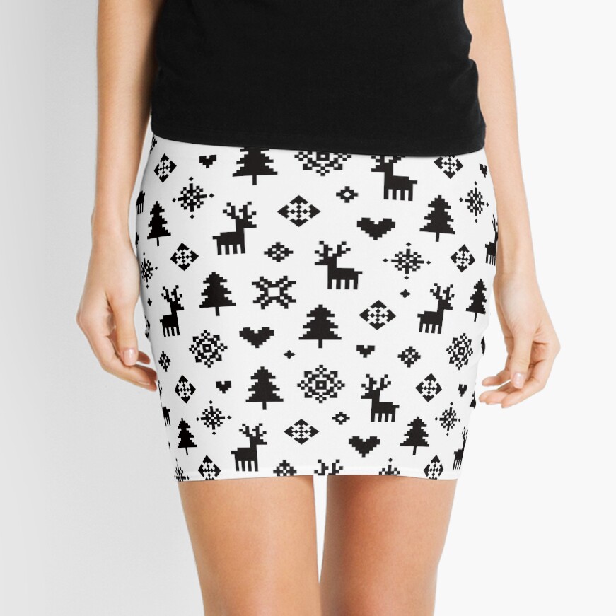 Pixel Pattern - Winter Forest - Black and White Mini Skirt