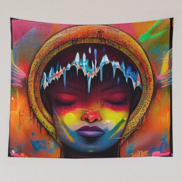 Item preview, a painting of a woman's face with colorful paint on it designed and sold by DesignAtYO.