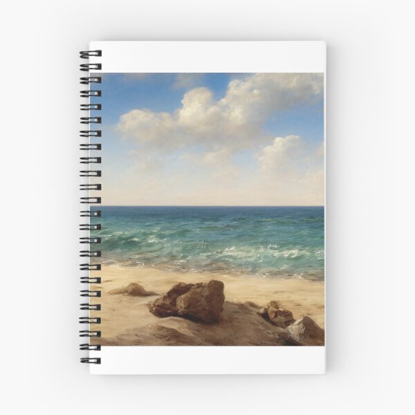 Item preview, Landscape illustration of a vibrantly colored and brightly lit beach adorned with craggy rocks and palm trees. A deep blue ocean populates the horizon while waves gently wash ashore. Digital painting designed and sold by Bookwyrm-Bazaar.