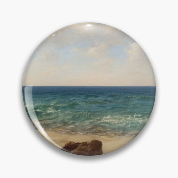 Item preview, Landscape illustration of a vibrantly colored and brightly lit beach adorned with craggy rocks and palm trees. A deep blue ocean populates the horizon while waves gently wash ashore. Digital painting designed and sold by Bookwyrm-Bazaar.