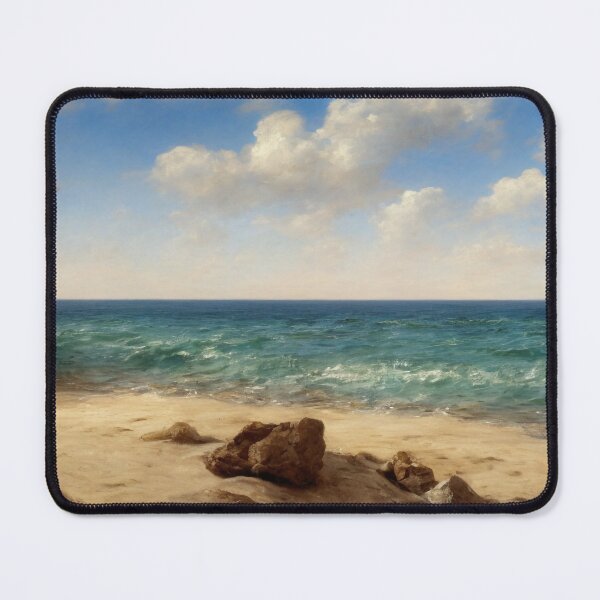 Item preview, Landscape illustration of a vibrantly colored and brightly lit beach adorned with craggy rocks and palm trees. A deep blue ocean populates the horizon while waves gently wash ashore. Digital painting designed and sold by Bookwyrm-Bazaar.