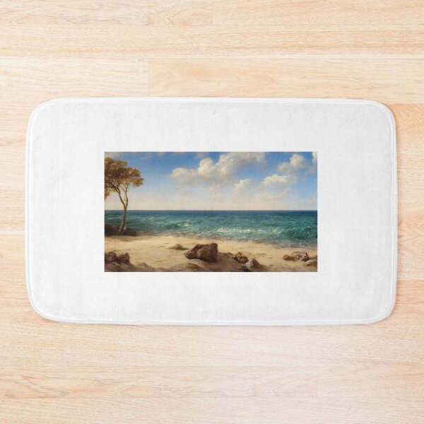 Item preview, Landscape illustration of a vibrantly colored and brightly lit beach adorned with craggy rocks and palm trees. A deep blue ocean populates the horizon while waves gently wash ashore. Digital painting designed and sold by Bookwyrm-Bazaar.