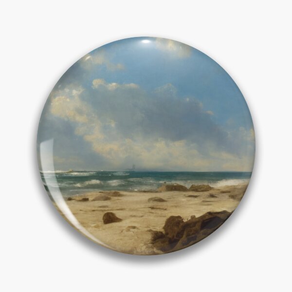 Item preview, Landscape illustration of a vibrantly colored and brightly lit beach adorned with craggy rocks and palm trees. A deep blue ocean populates the horizon while waves gently wash ashore. Digital painting designed and sold by Bookwyrm-Bazaar.