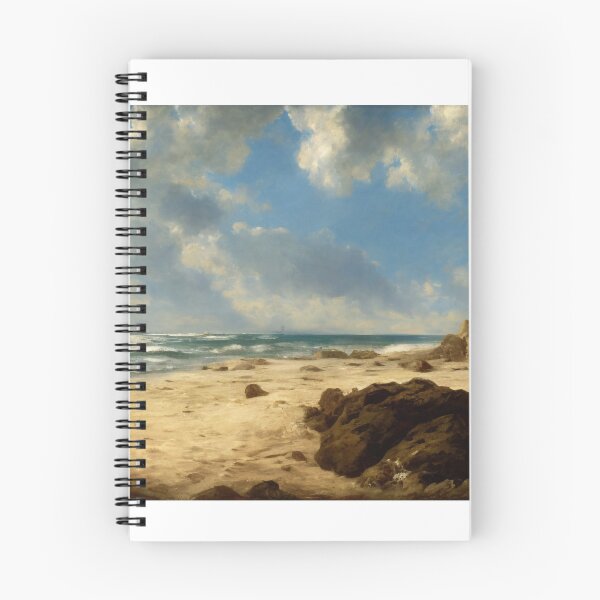 Item preview, Landscape illustration of a vibrantly colored and brightly lit beach adorned with craggy rocks and palm trees. A deep blue ocean populates the horizon while waves gently wash ashore. Digital painting designed and sold by Bookwyrm-Bazaar.