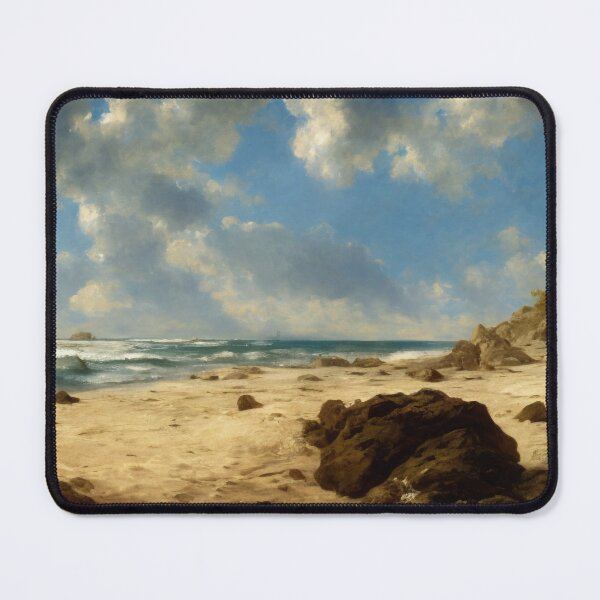 Item preview, Landscape illustration of a vibrantly colored and brightly lit beach adorned with craggy rocks and palm trees. A deep blue ocean populates the horizon while waves gently wash ashore. Digital painting designed and sold by Bookwyrm-Bazaar.