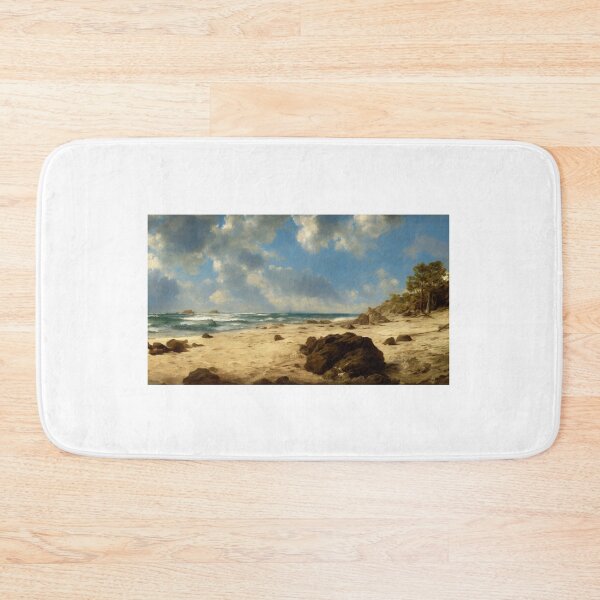 Item preview, Landscape illustration of a vibrantly colored and brightly lit beach adorned with craggy rocks and palm trees. A deep blue ocean populates the horizon while waves gently wash ashore. Digital painting designed and sold by Bookwyrm-Bazaar.