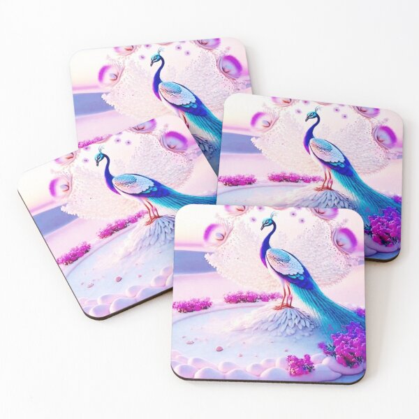 Item preview, id33 Phoenix standing on the white sands and white stones in the desert, peacock,  hush tree where pink and white colors are used a lot and stones,peacock with blue and navy head, blue and white wings designed and sold by bcbutika.