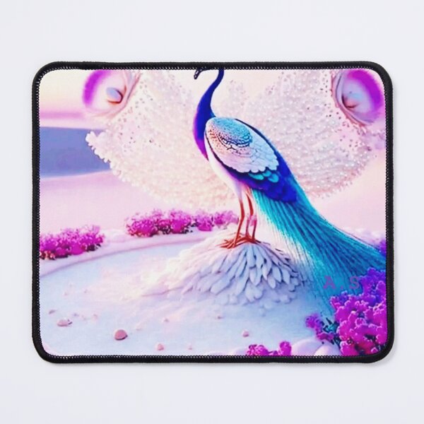 Item preview, id33 Phoenix standing on the white sands and white stones in the desert, peacock,  hush tree where pink and white colors are used a lot and stones,peacock with blue and navy head, blue and white wings designed and sold by bcbutika.