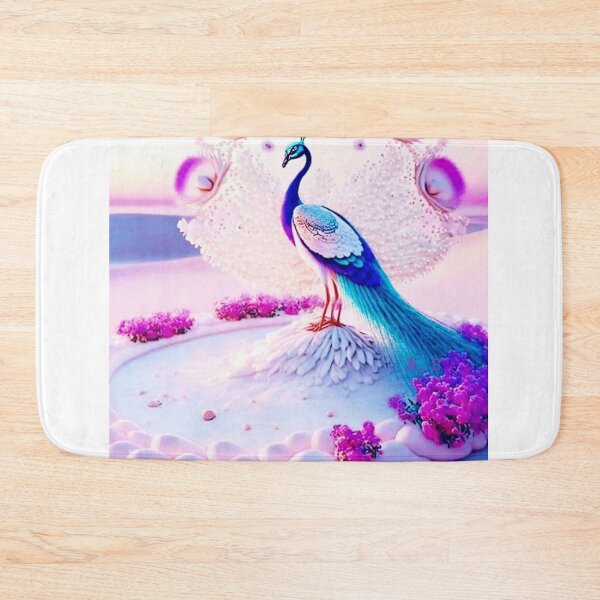 Item preview, id33 Phoenix standing on the white sands and white stones in the desert, peacock,  hush tree where pink and white colors are used a lot and stones,peacock with blue and navy head, blue and white wings designed and sold by bcbutika.