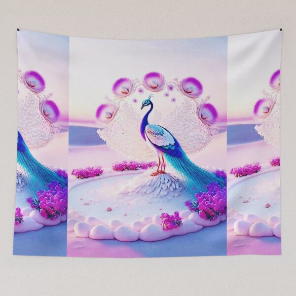 Item preview, id33 Phoenix standing on the white sands and white stones in the desert, peacock,  hush tree where pink and white colors are used a lot and stones,peacock with blue and navy head, blue and white wings designed and sold by bcbutika.