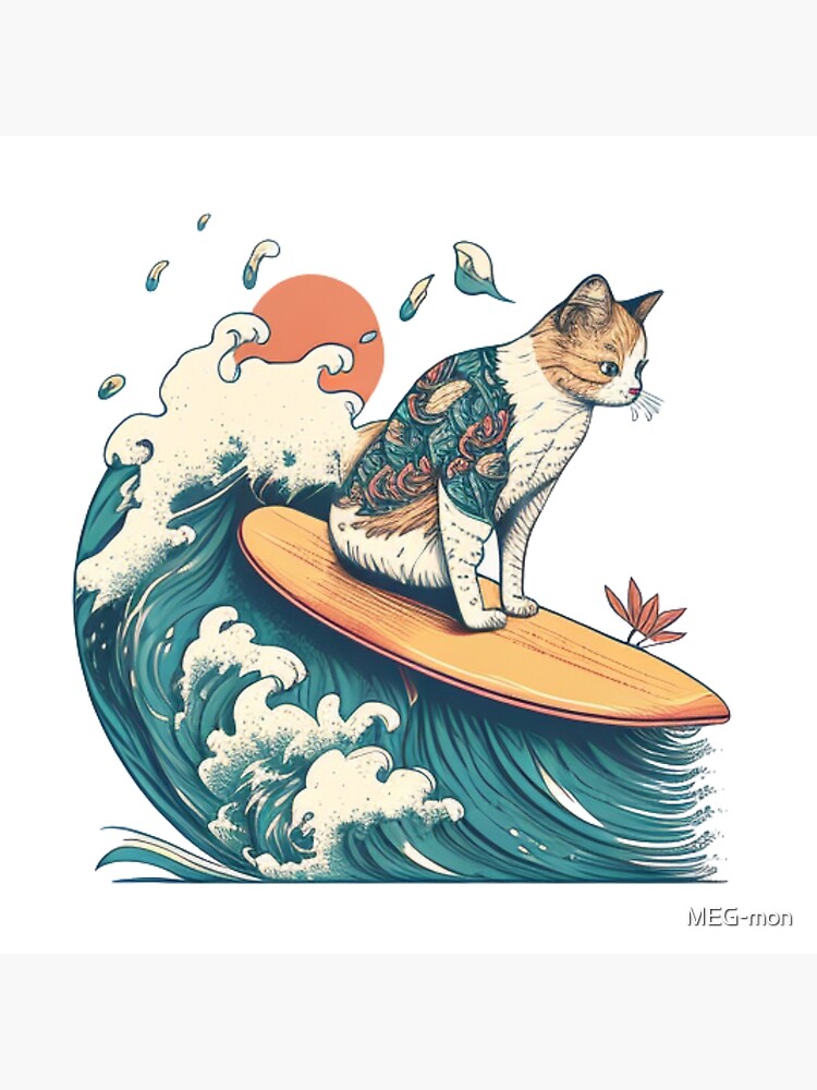 Tattooed Cat Surfing in Big Wave | Art Board Print