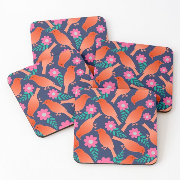 Item preview, Colourful Birds and flowers pattern in navy background, Seamless repeat pattern designed and sold by HariniArts.
