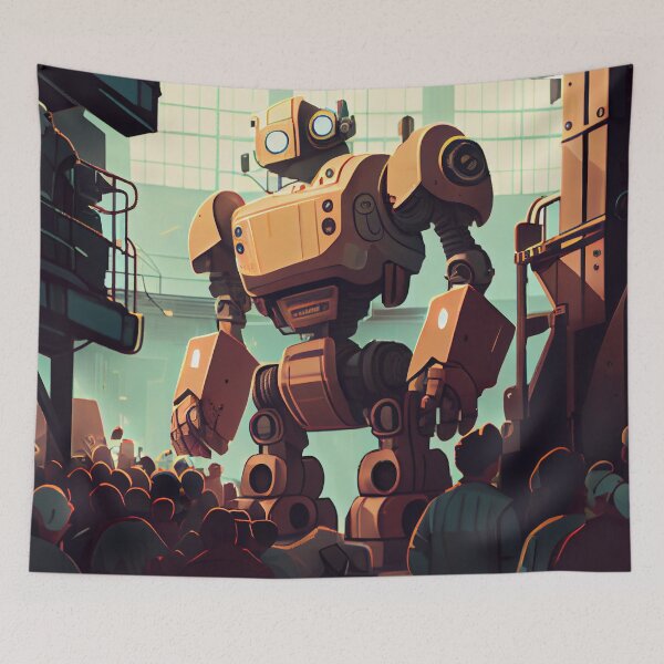 Item preview, Bright Cartoon Robot in Busy Factory Digital Painting designed and sold by CodeAndColors.