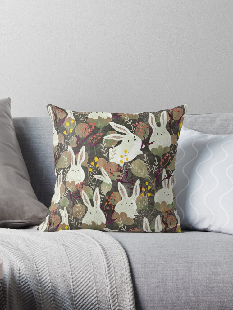 Throw Pillow, Rabbit flowers designed and sold by Gaia Marfurt